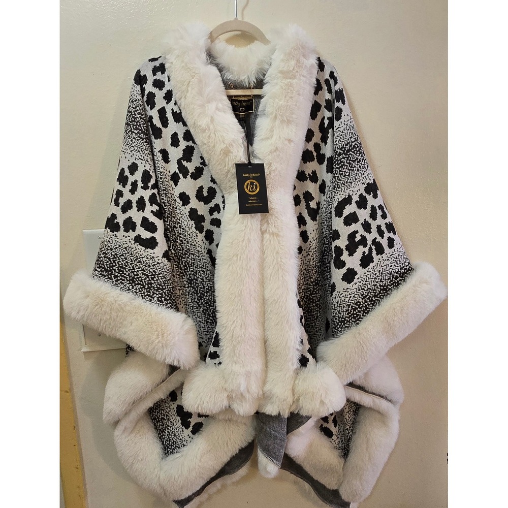 Kathy Ireland Poncho Wrap Women OS White Black Faux Fur Trim Leopard